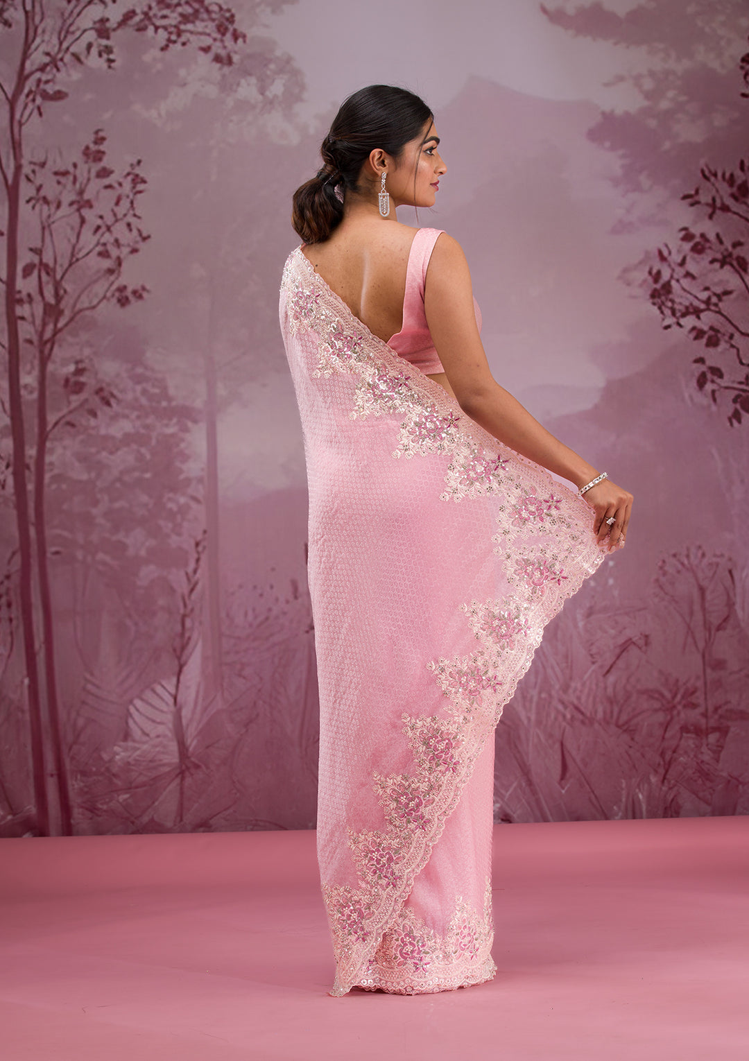 Baby Pink Threadwork Georgette Saree