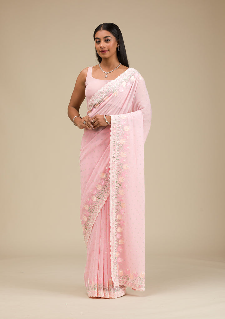 Baby Pink Threadwork Georgette Saree