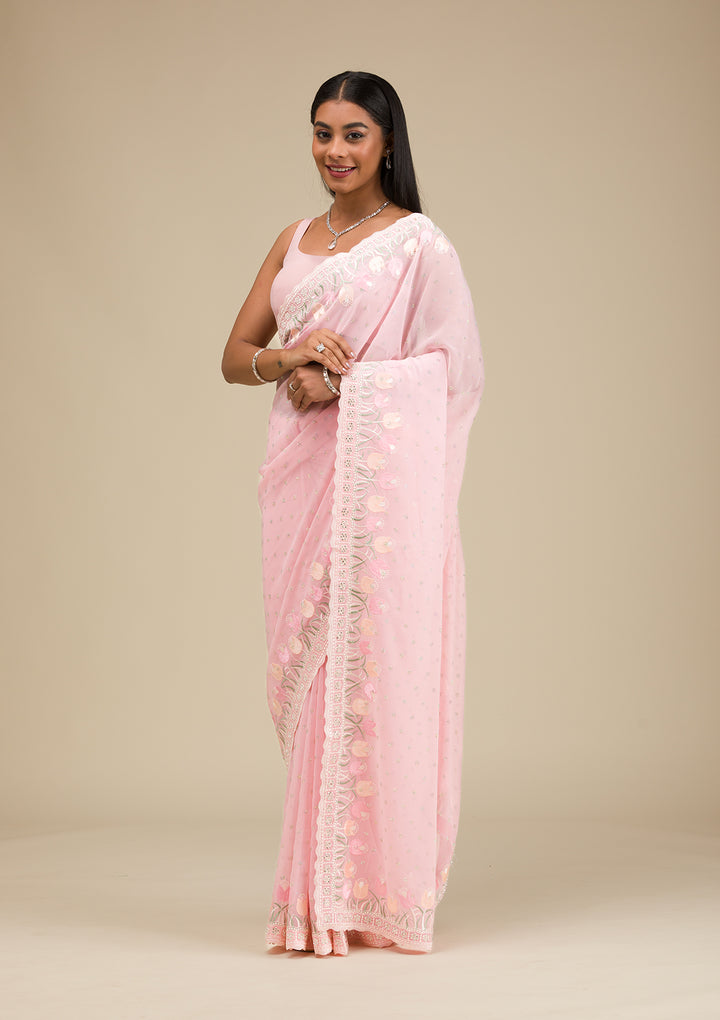 Baby Pink Threadwork Georgette Saree