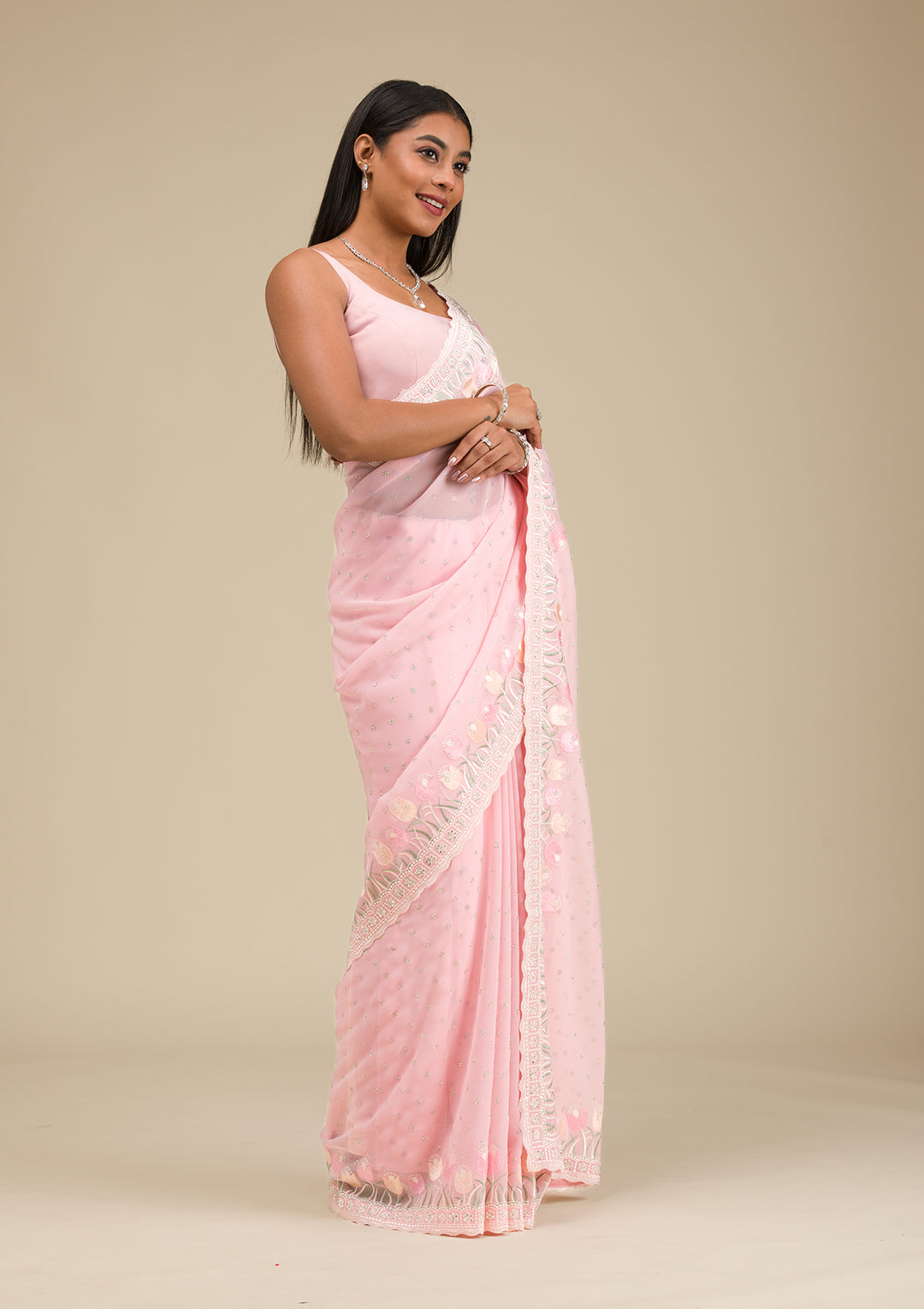 Baby Pink Threadwork Georgette Saree