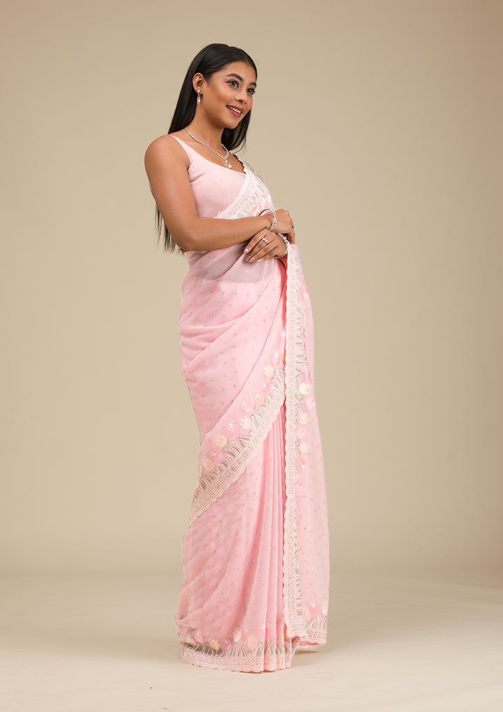 Baby Pink Threadwork Georgette Saree
