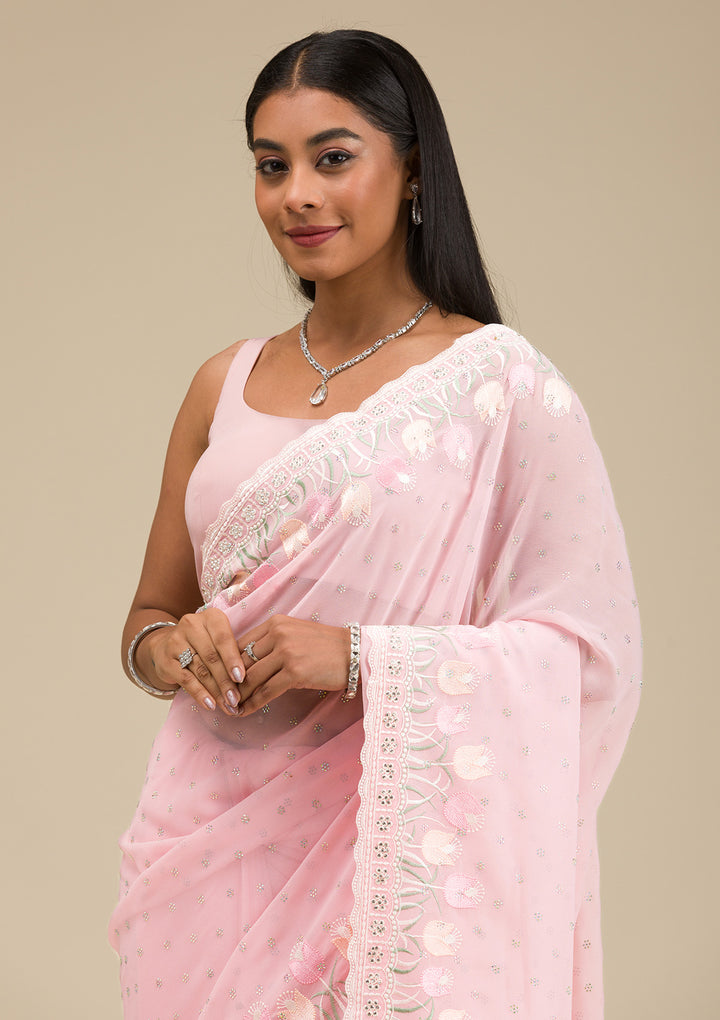 Baby Pink Threadwork Georgette Saree