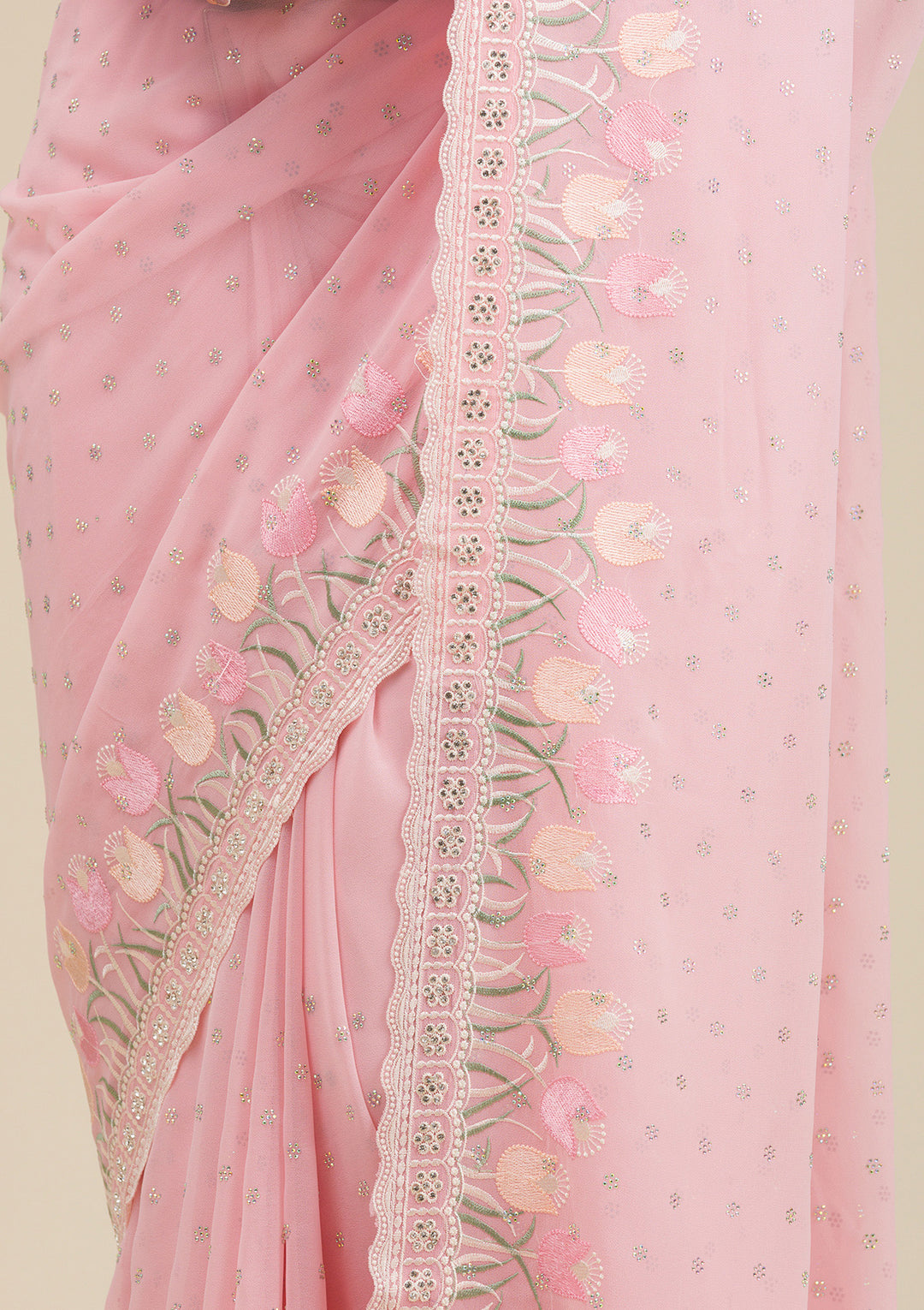 Baby Pink Threadwork Georgette Saree