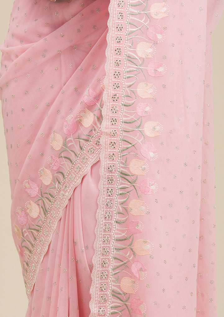 Baby Pink Threadwork Georgette Saree