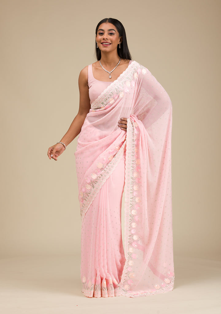 Baby Pink Threadwork Georgette Saree