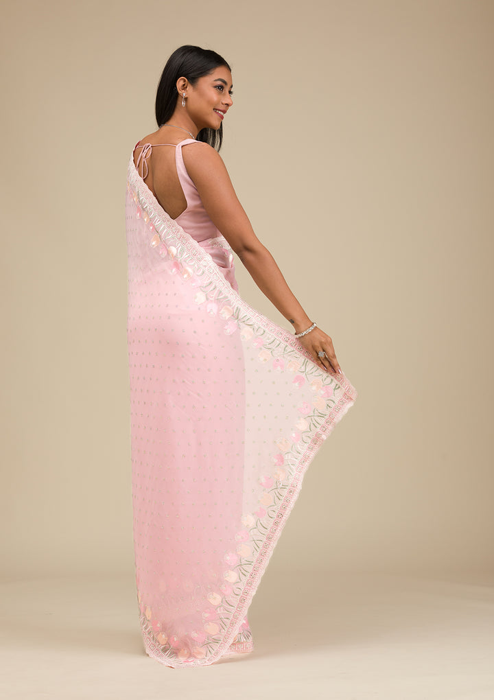 Baby Pink Threadwork Georgette Saree