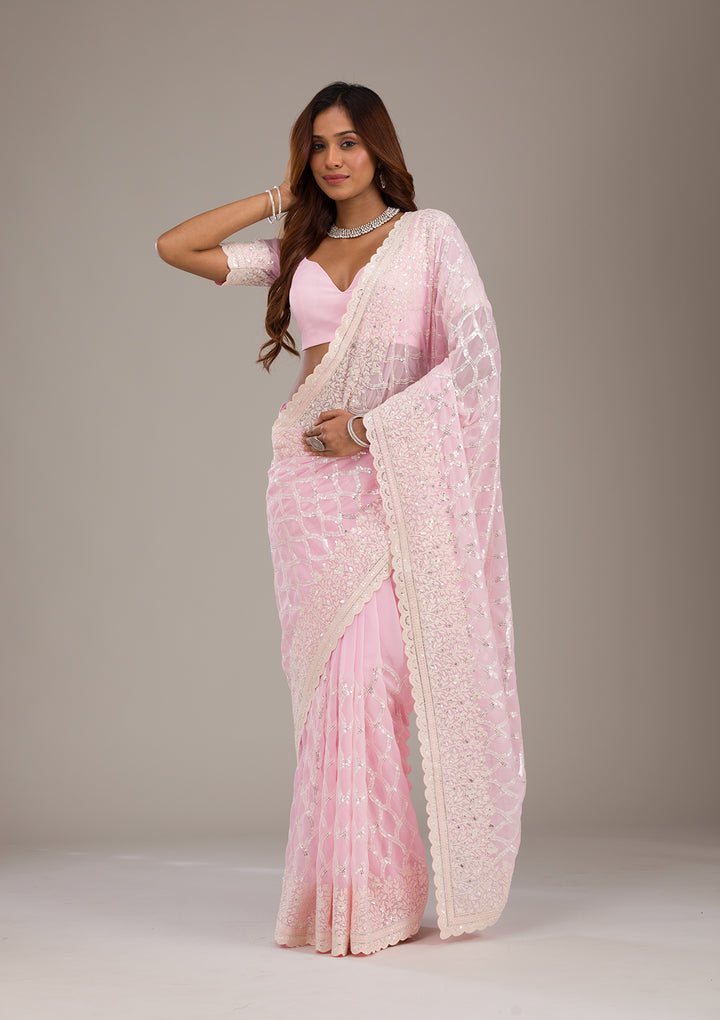 Baby Pink Threadwork Georgette Saree