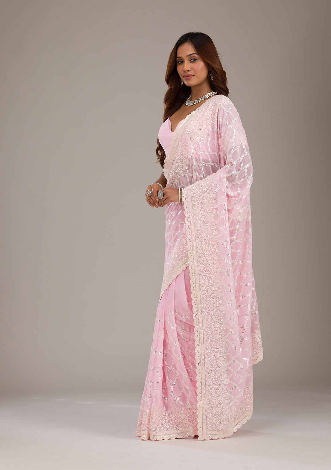 Baby Pink Threadwork Georgette Saree