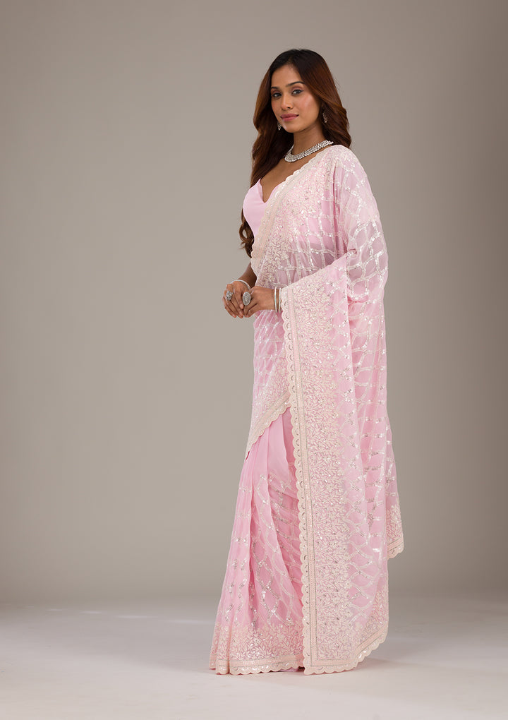 Baby Pink Threadwork Georgette Saree