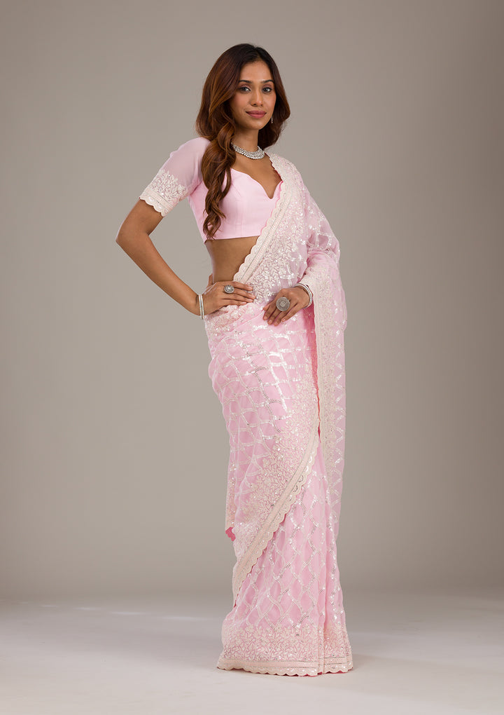 Baby Pink Threadwork Georgette Saree