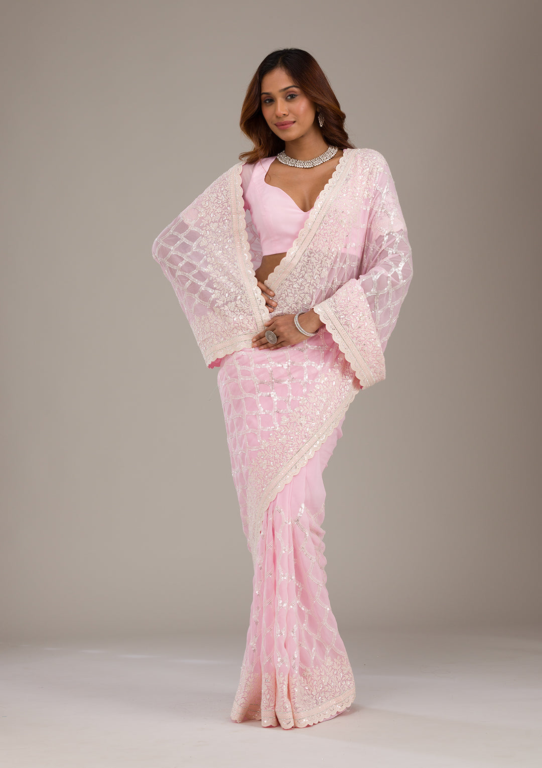 Baby Pink Threadwork Georgette Saree