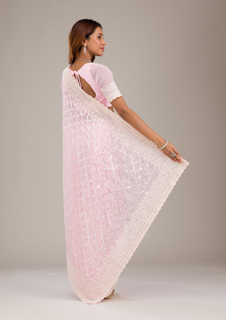 Baby Pink Threadwork Georgette Saree