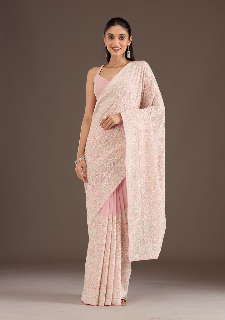 Baby Pink Threadwork Georgette Saree