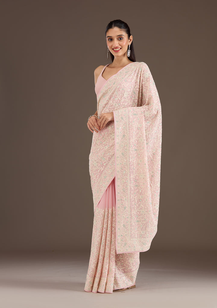Baby Pink Threadwork Georgette Saree