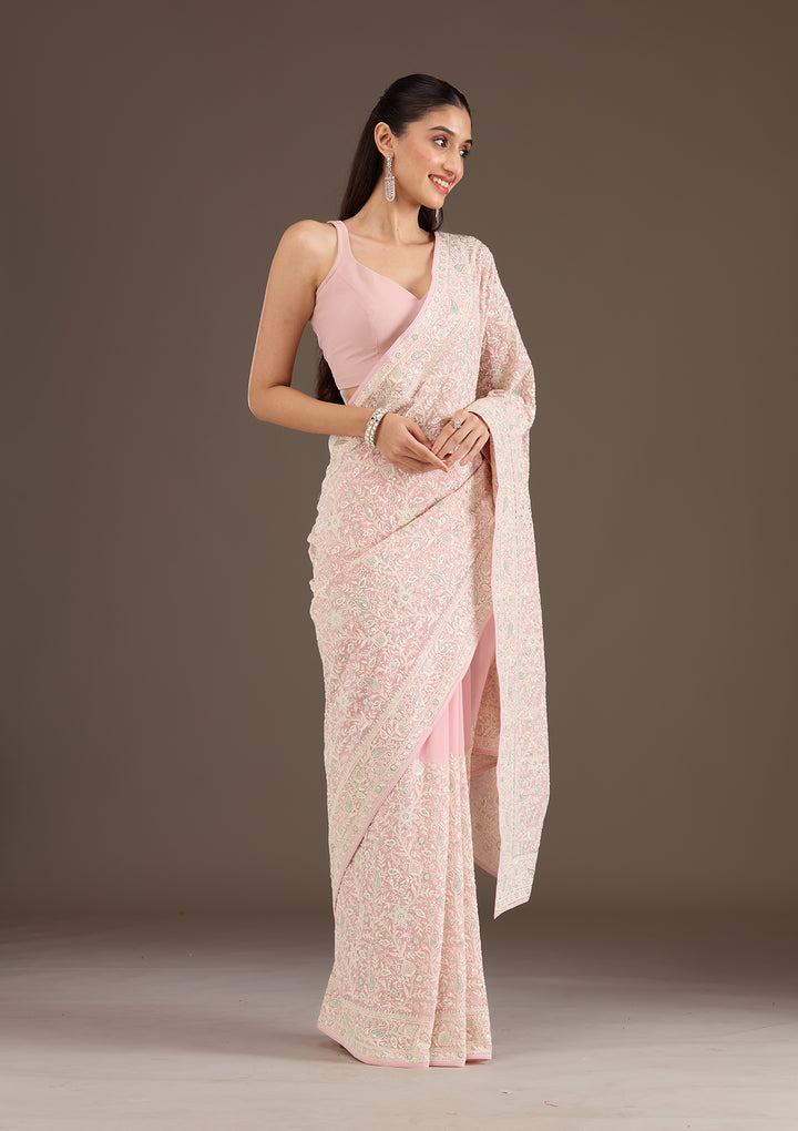 Baby Pink Threadwork Georgette Saree