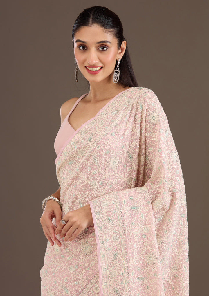 Baby Pink Threadwork Georgette Saree