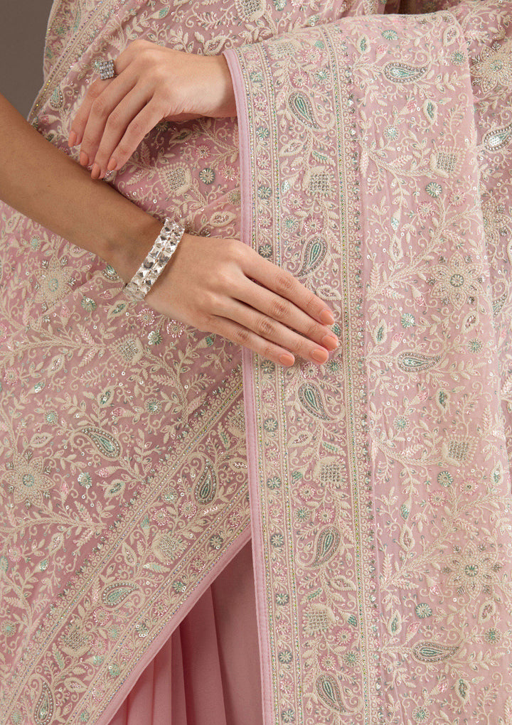 Baby Pink Threadwork Georgette Saree