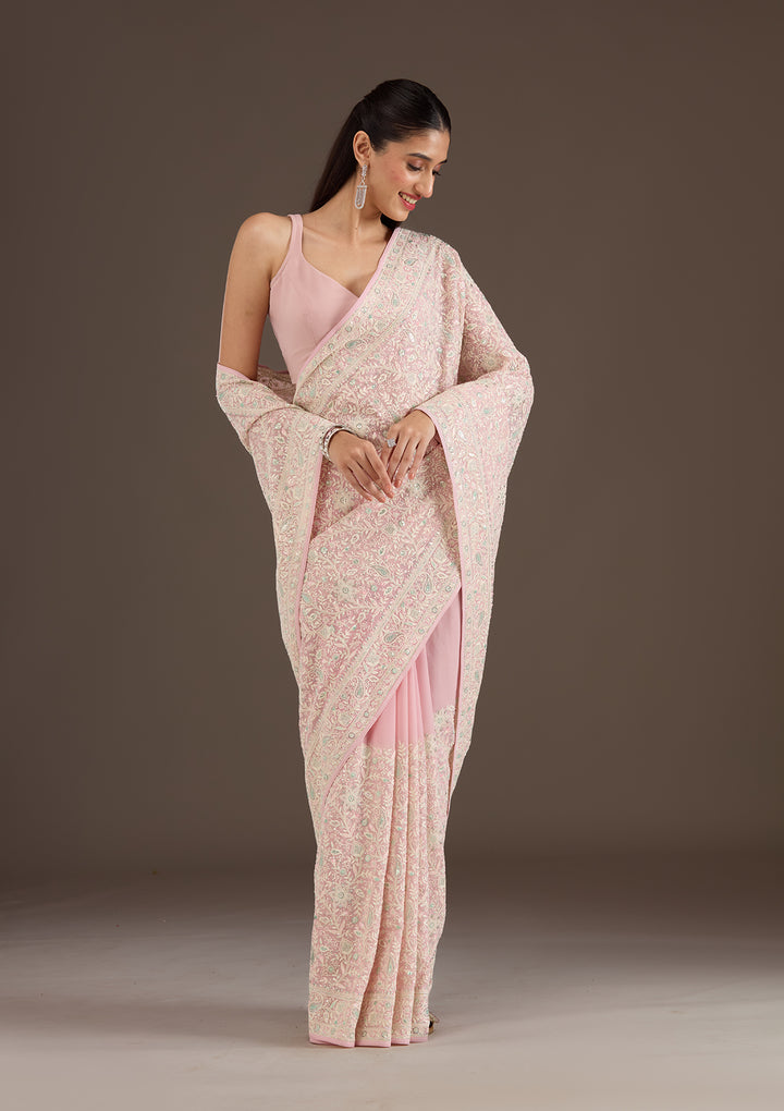 Baby Pink Threadwork Georgette Saree