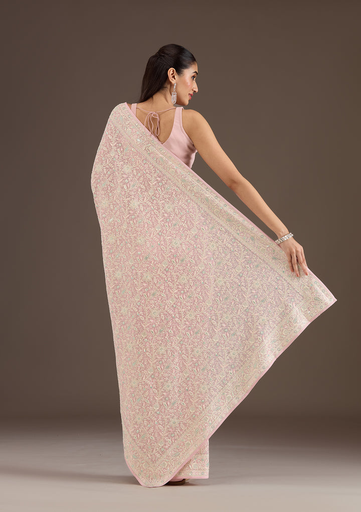 Baby Pink Threadwork Georgette Saree