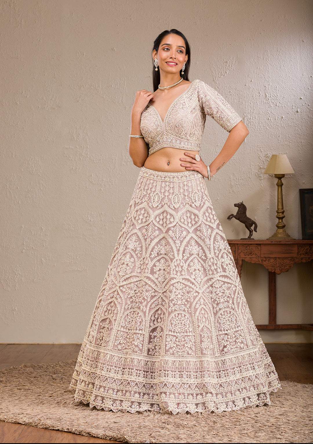 Baby Pink Threadwork Net Readymade Lehenga