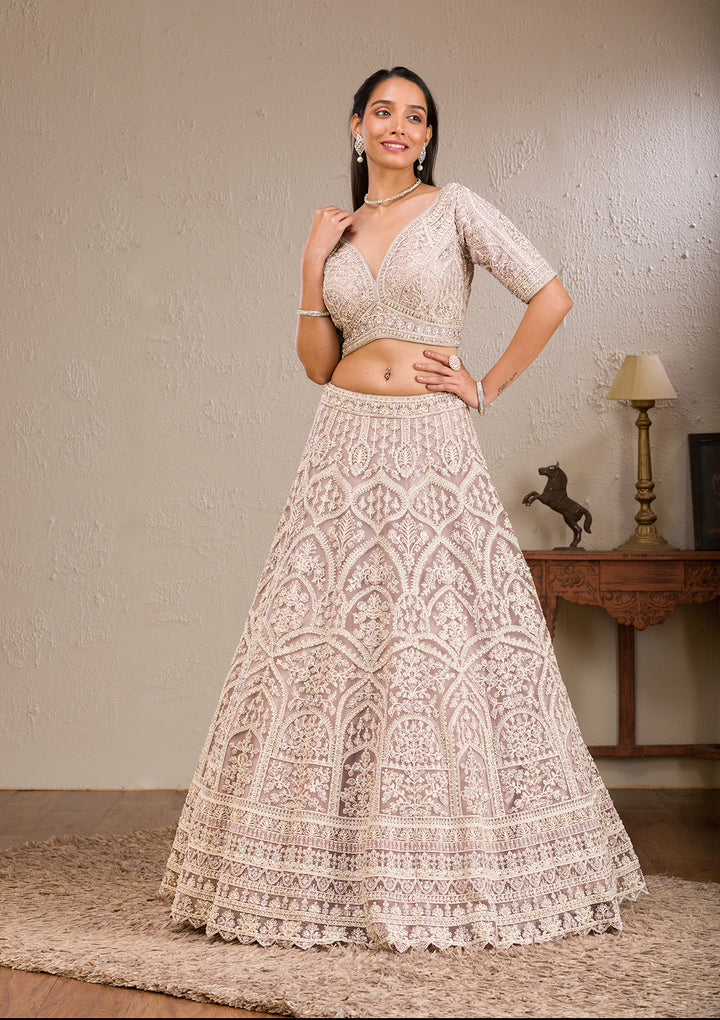 Baby Pink Threadwork Net Readymade Lehenga