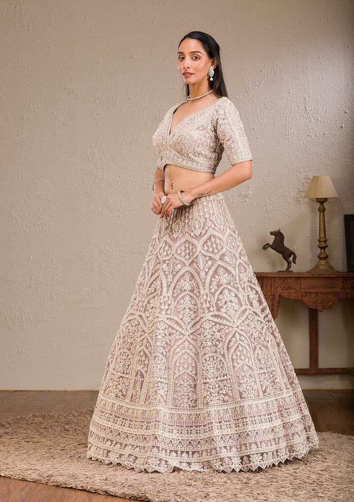 Baby Pink Threadwork Net Readymade Lehenga