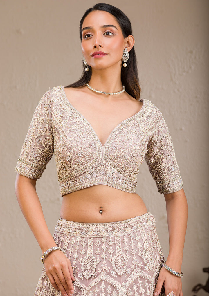 Baby Pink Threadwork Net Readymade Lehenga