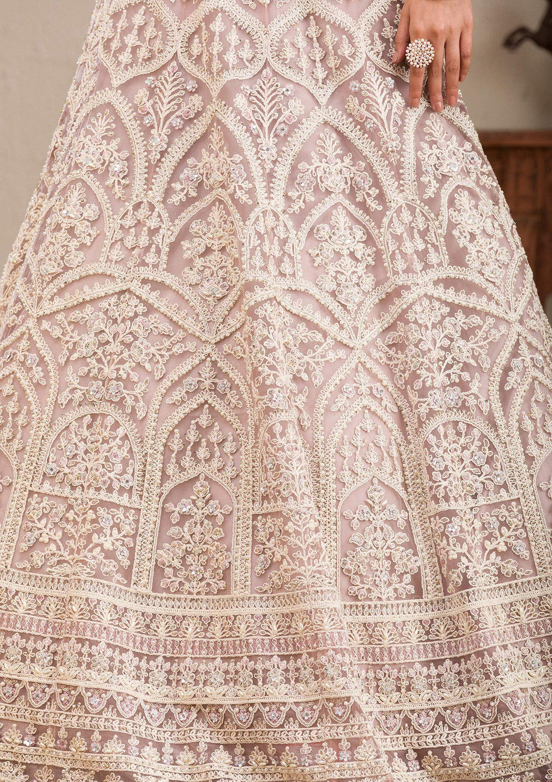 Baby Pink Threadwork Net Readymade Lehenga