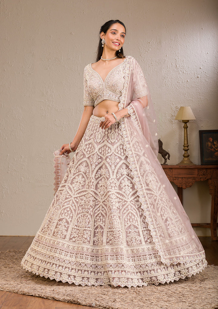 Baby Pink Threadwork Net Readymade Lehenga