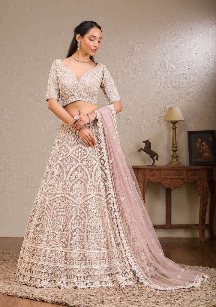 Baby Pink Threadwork Net Readymade Lehenga