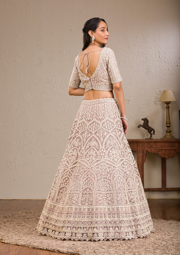 Baby Pink Threadwork Net Readymade Lehenga