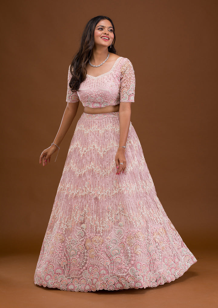 Baby Pink Threadwork Net Semi Stitched Lehenga