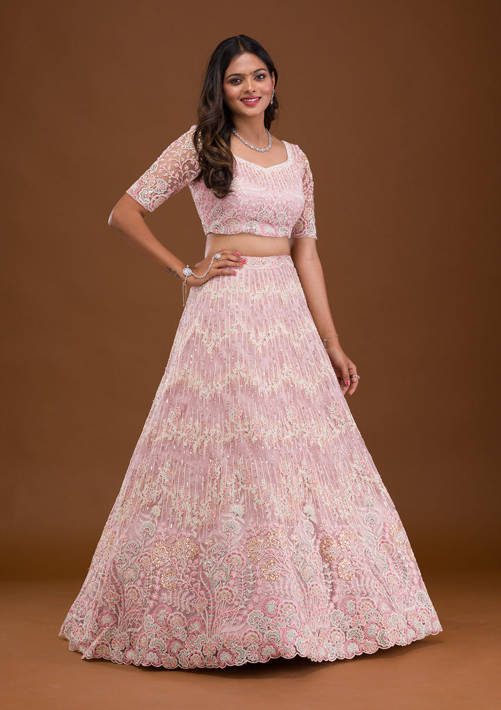 Baby Pink Threadwork Net Semi Stitched Lehenga
