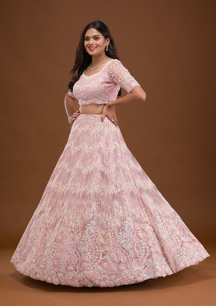 Baby Pink Threadwork Net Semi Stitched Lehenga