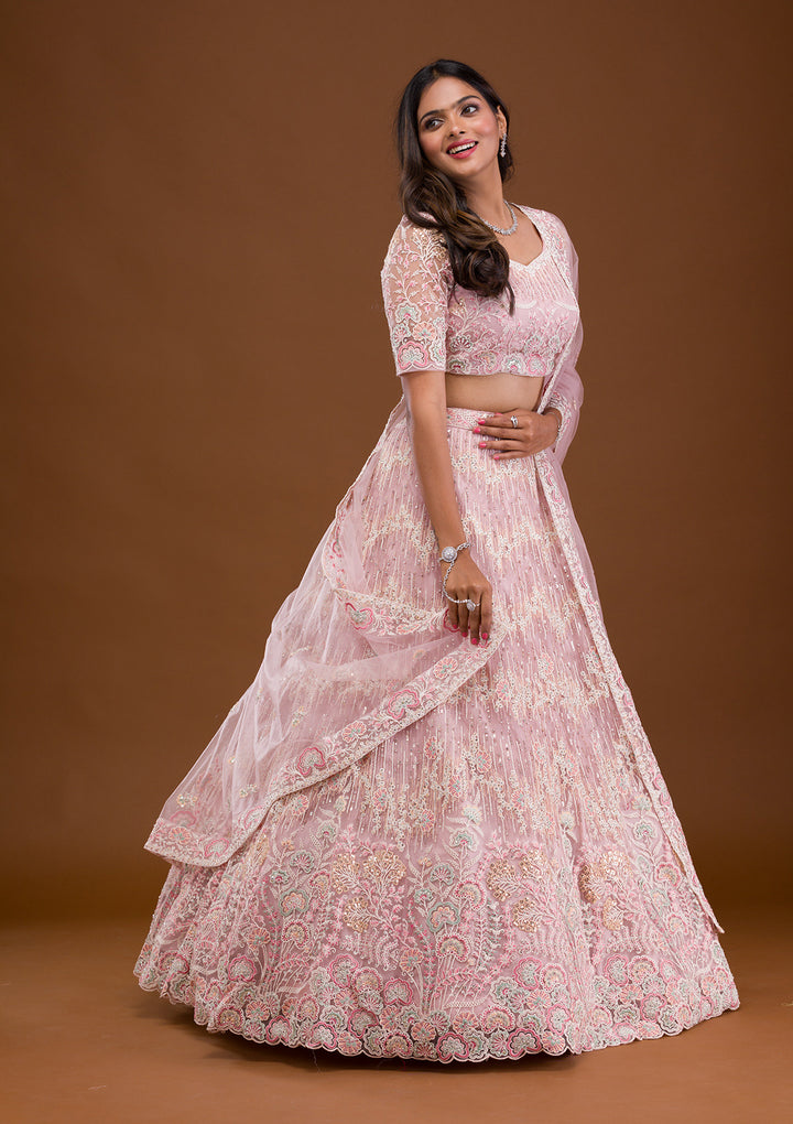 Baby Pink Threadwork Net Semi Stitched Lehenga