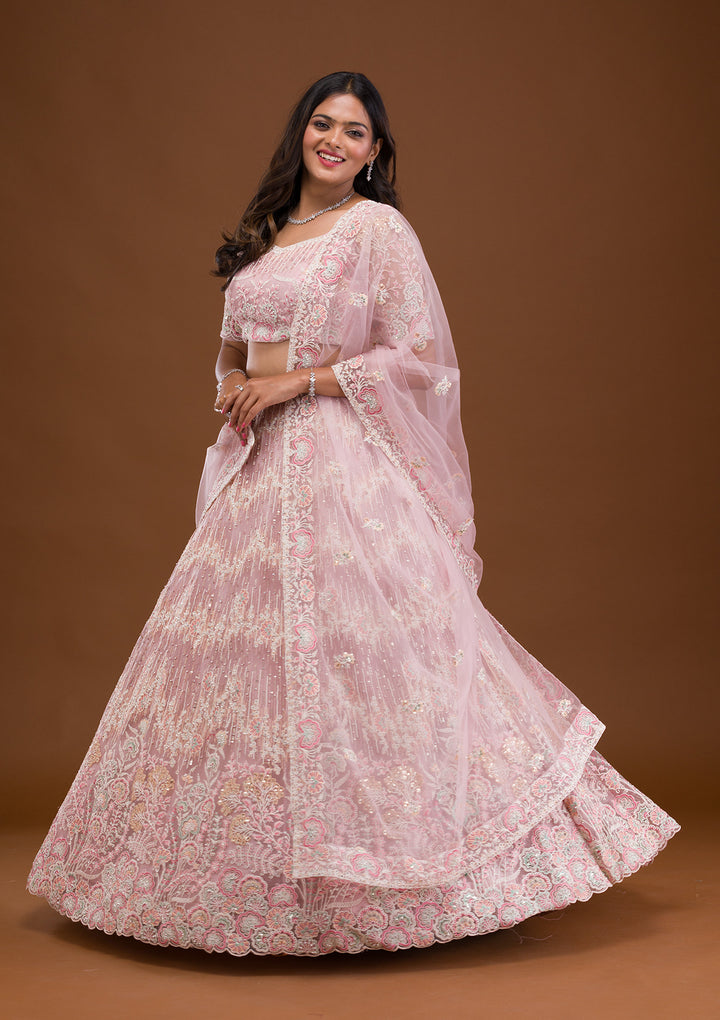 Baby Pink Threadwork Net Semi Stitched Lehenga