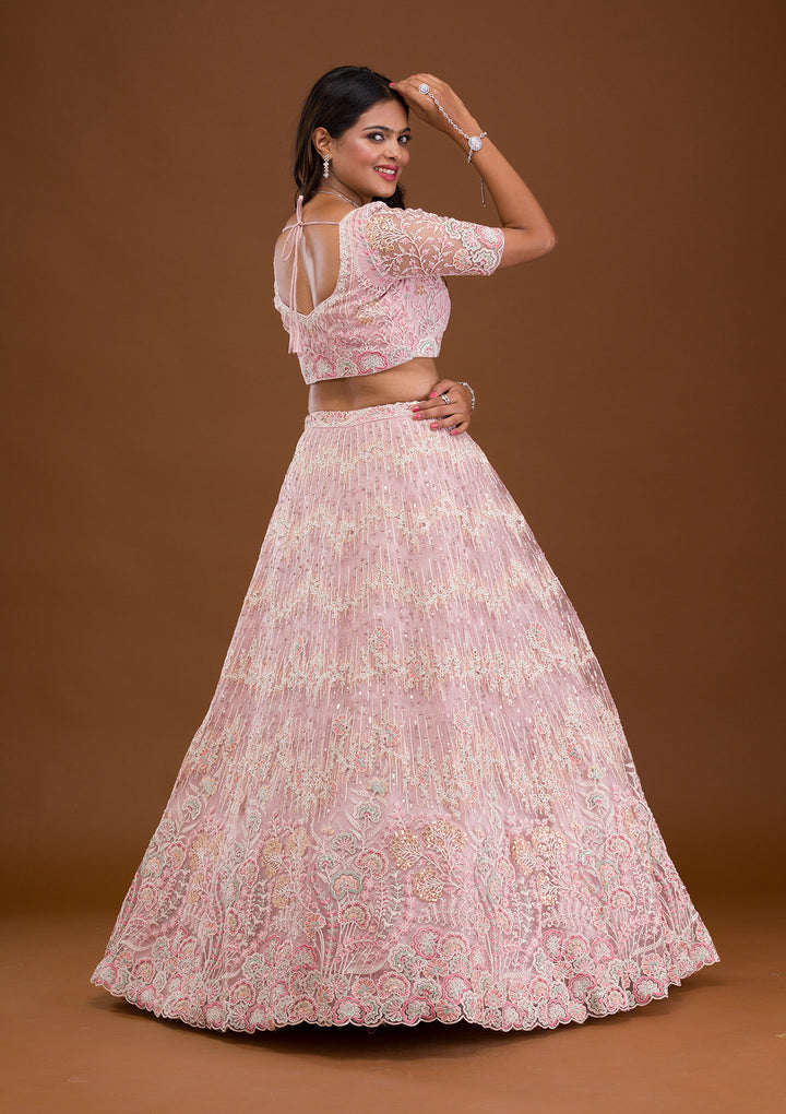 Baby Pink Threadwork Net Semi Stitched Lehenga