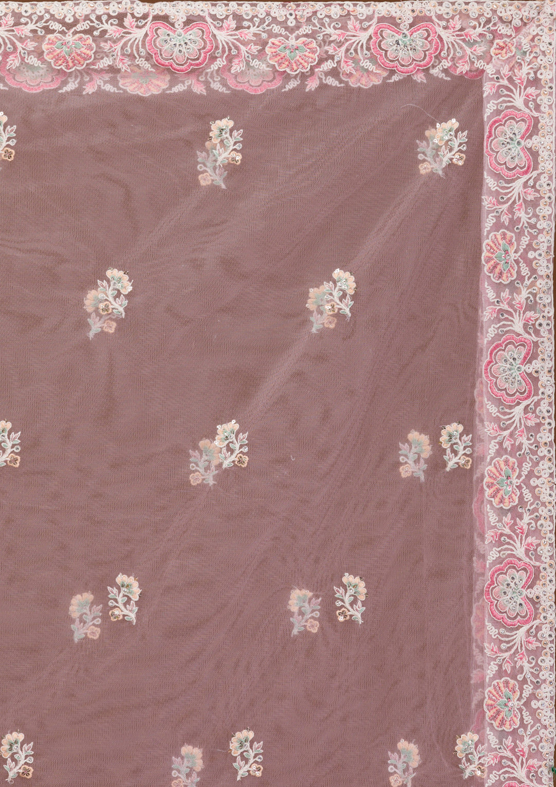 Baby Pink Threadwork Net Semi Stitched Lehenga