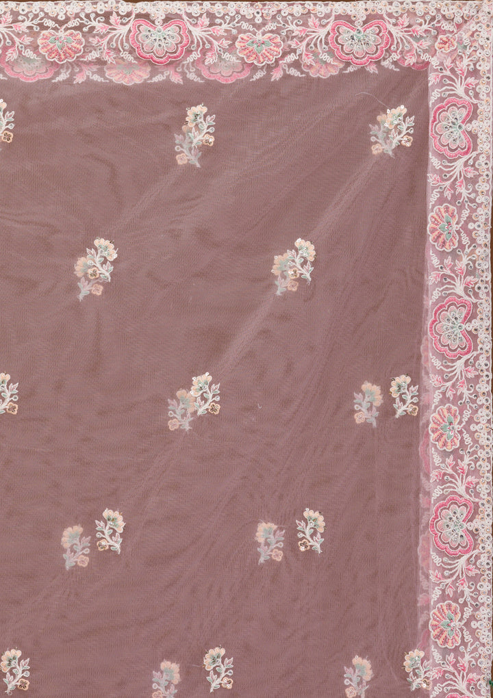 Baby Pink Threadwork Net Semi Stitched Lehenga