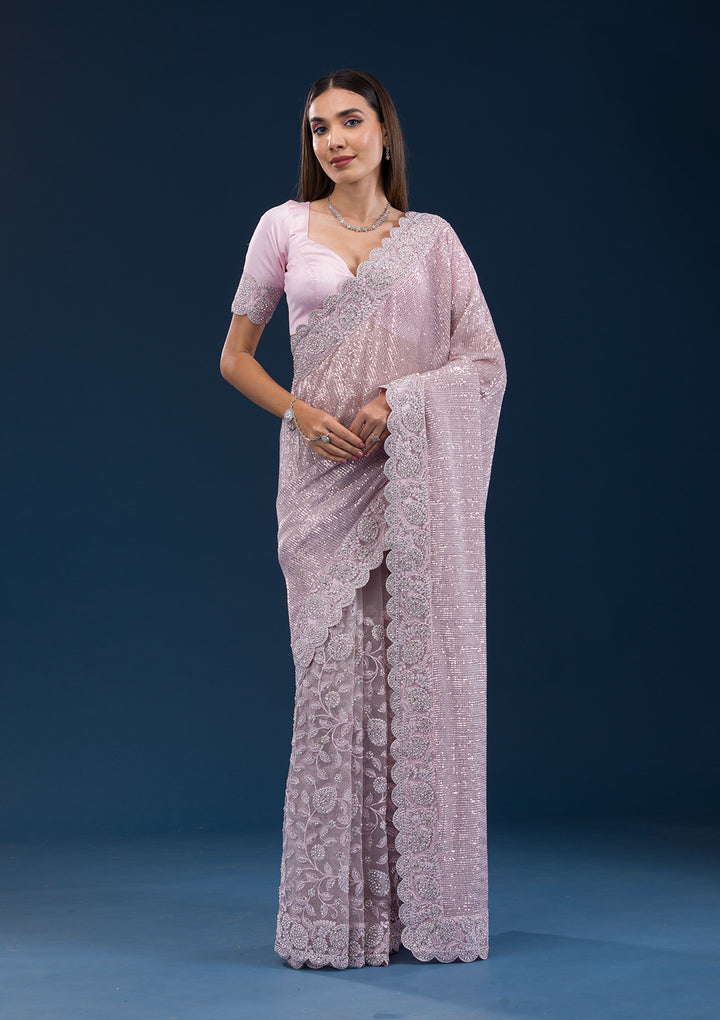 Baby Pink Threadwork Net Saree
