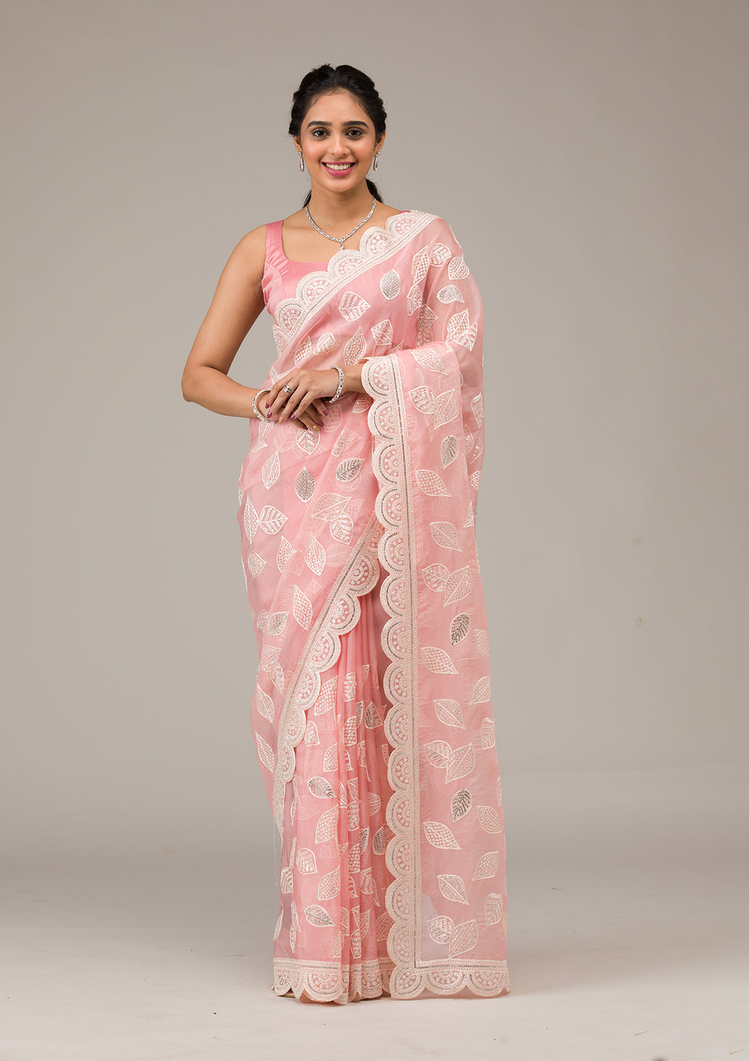 Baby Pink Threadwork Organza Saree