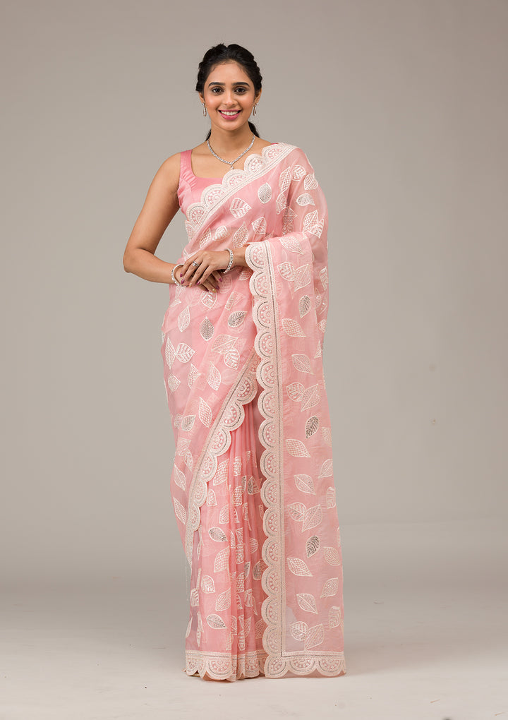 Baby Pink Threadwork Organza Saree