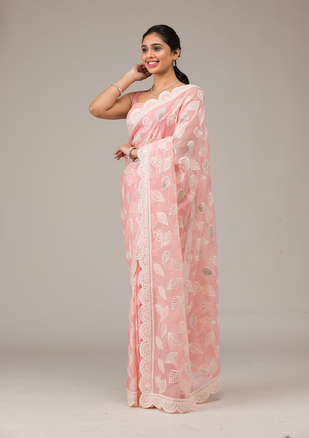 Baby Pink Threadwork Organza Saree