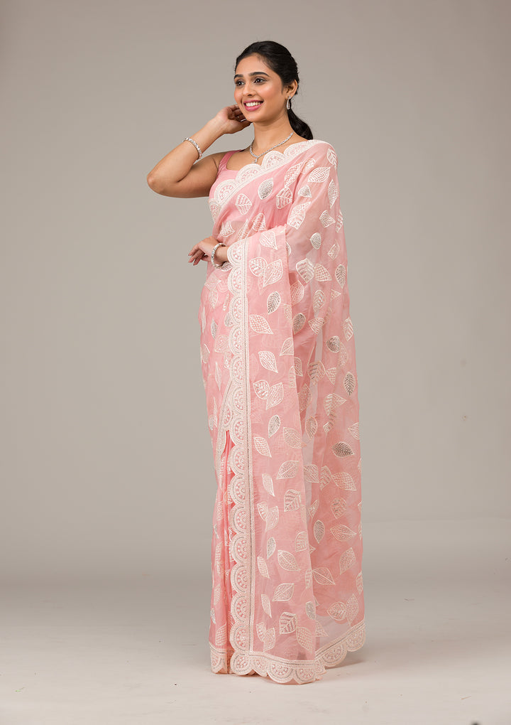 Baby Pink Threadwork Organza Saree