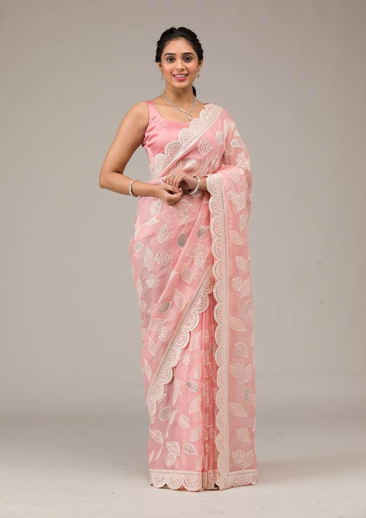 Baby Pink Threadwork Organza Saree