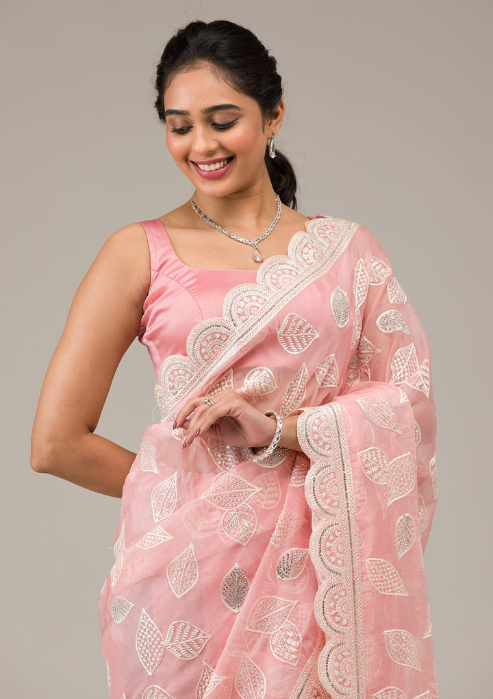 Baby Pink Threadwork Organza Saree