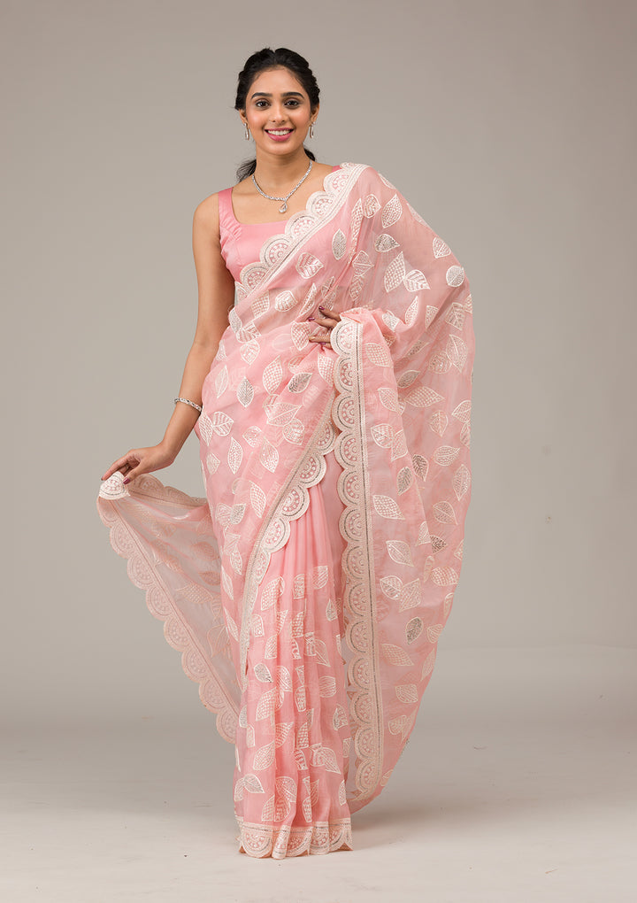 Baby Pink Threadwork Organza Saree
