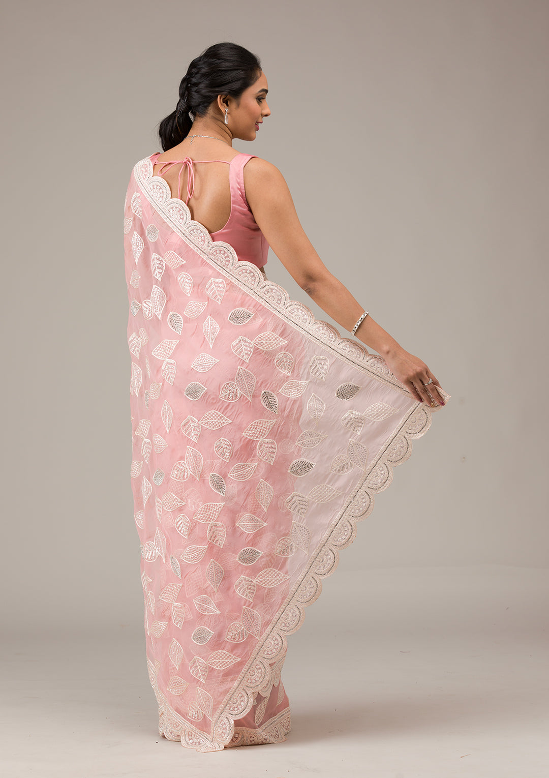 Baby Pink Threadwork Organza Saree