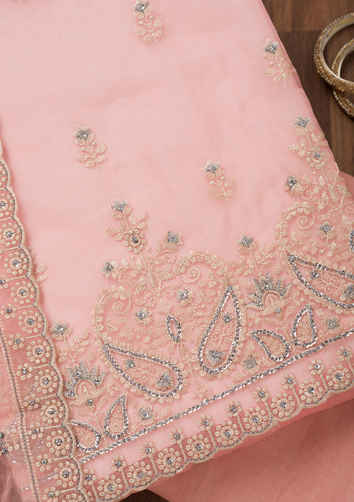 Baby Pink Threadwork Tissue Unstitched Salwar Suit
