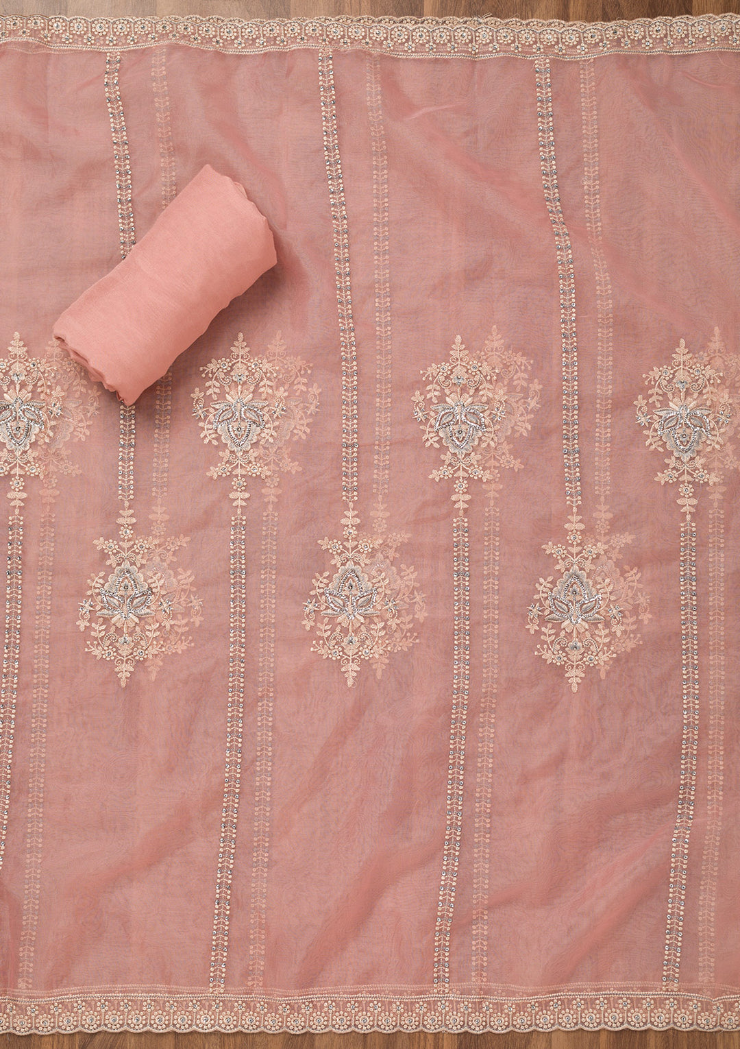 Baby Pink Threadwork Tissue Unstitched Salwar Suit